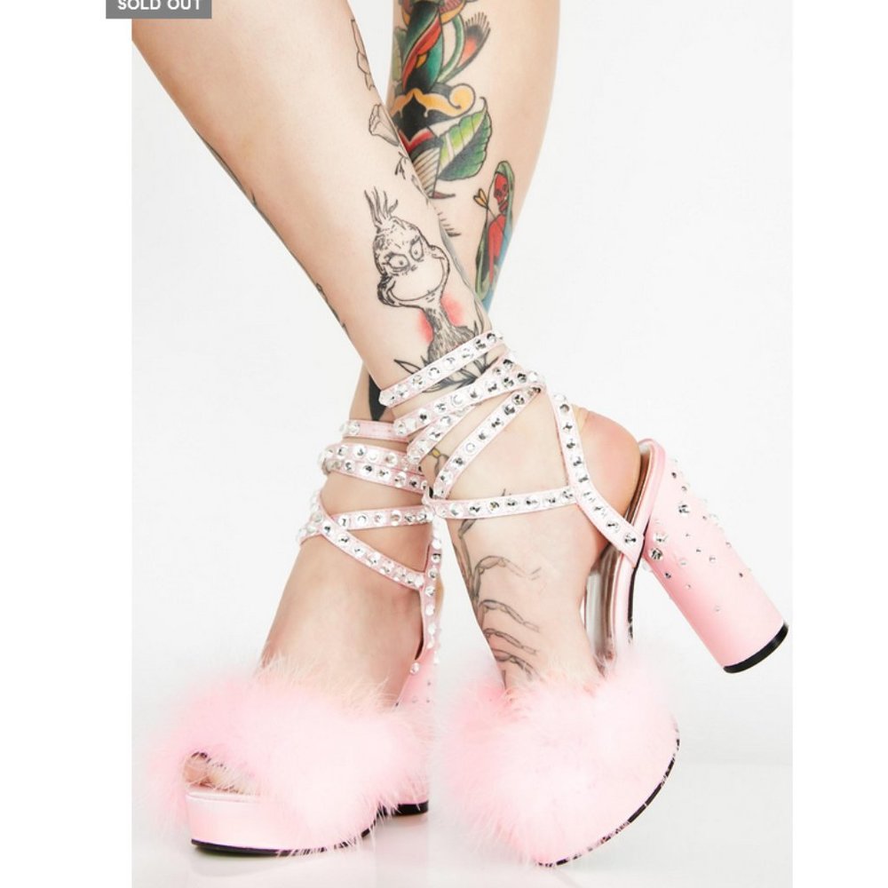 Sugar Thrillz x Dolls Kill - baby pink platform heels with rhinestone details